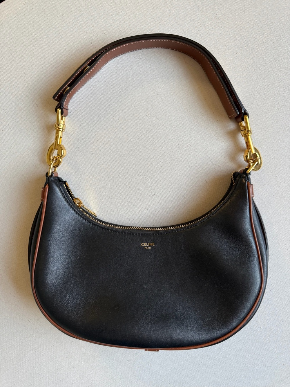 Celine AVA Black Leather Crescent Shoulder Bag with Brown Trim and Gold Hardware